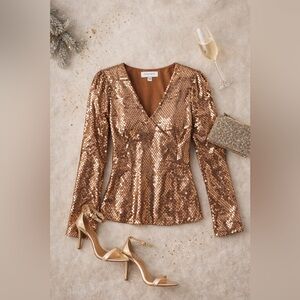 Equipment Femme Sequin Blouse Size 6 Bronze Gold Long Sleeve Party Top